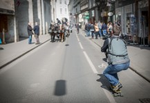 Shooting on a skateboard in Vienna, Austria during an incentive trip.